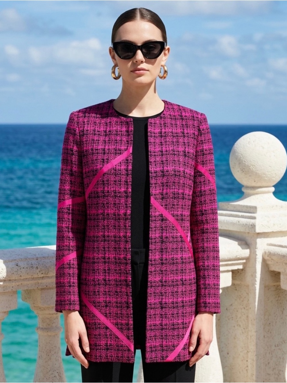 MING WANG Jacket Pink Black Blazer Long Coat Fuchsia Ribbon Stripe Plaid Knit